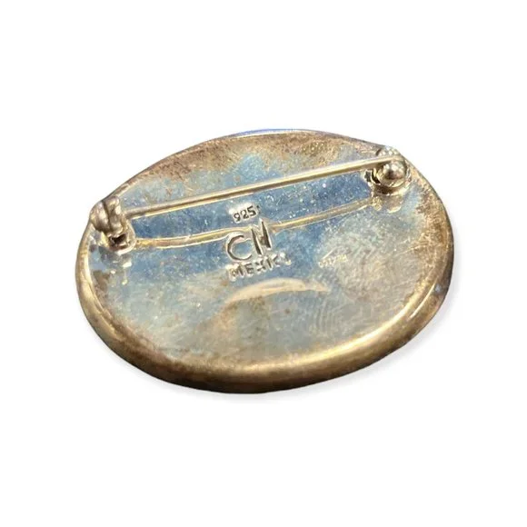 Vintage Oval Mexico 925 Silver C11 Turquoise Inlaid Brooch Pin, Southwestern Sty - Picture 4 of 4
